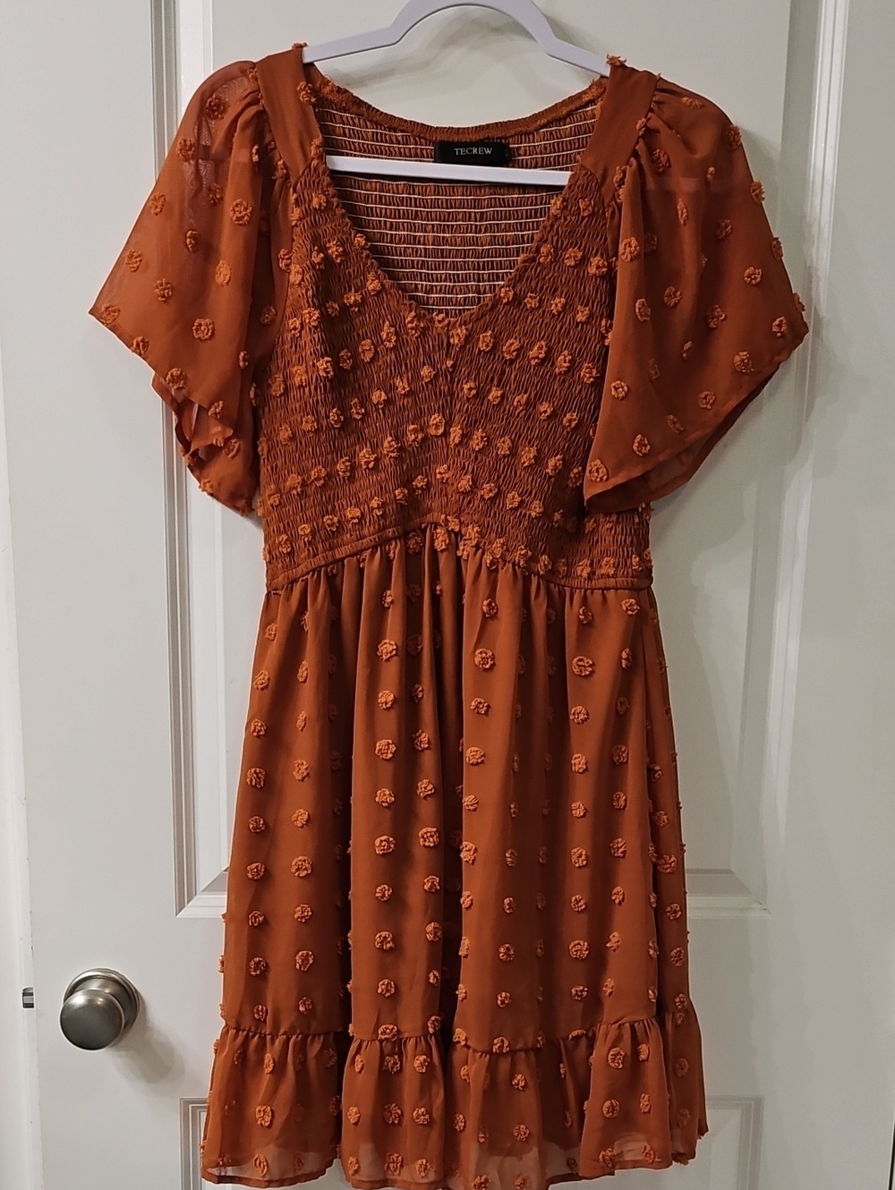 TCREW Rust Orange Smocked Midi Dress with Floral Dots
